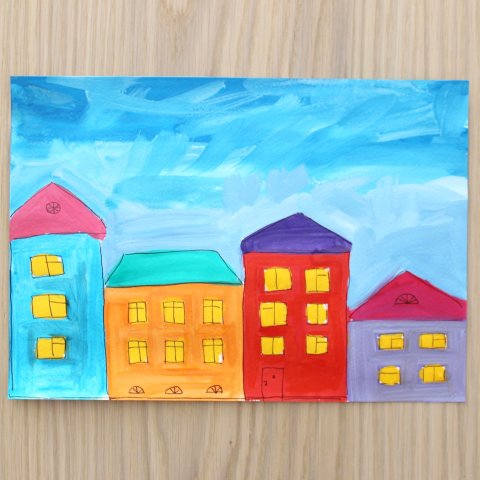 прорисовать двери и окна в домах для поделки ребенка рисунок праздничный салют над городом
