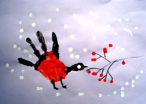как вместе с ребенком нарисовать снегиря краской используя ладошки