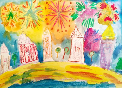 рисунок салют над городом восковыми мелками и акварелью вместе с ребенком
